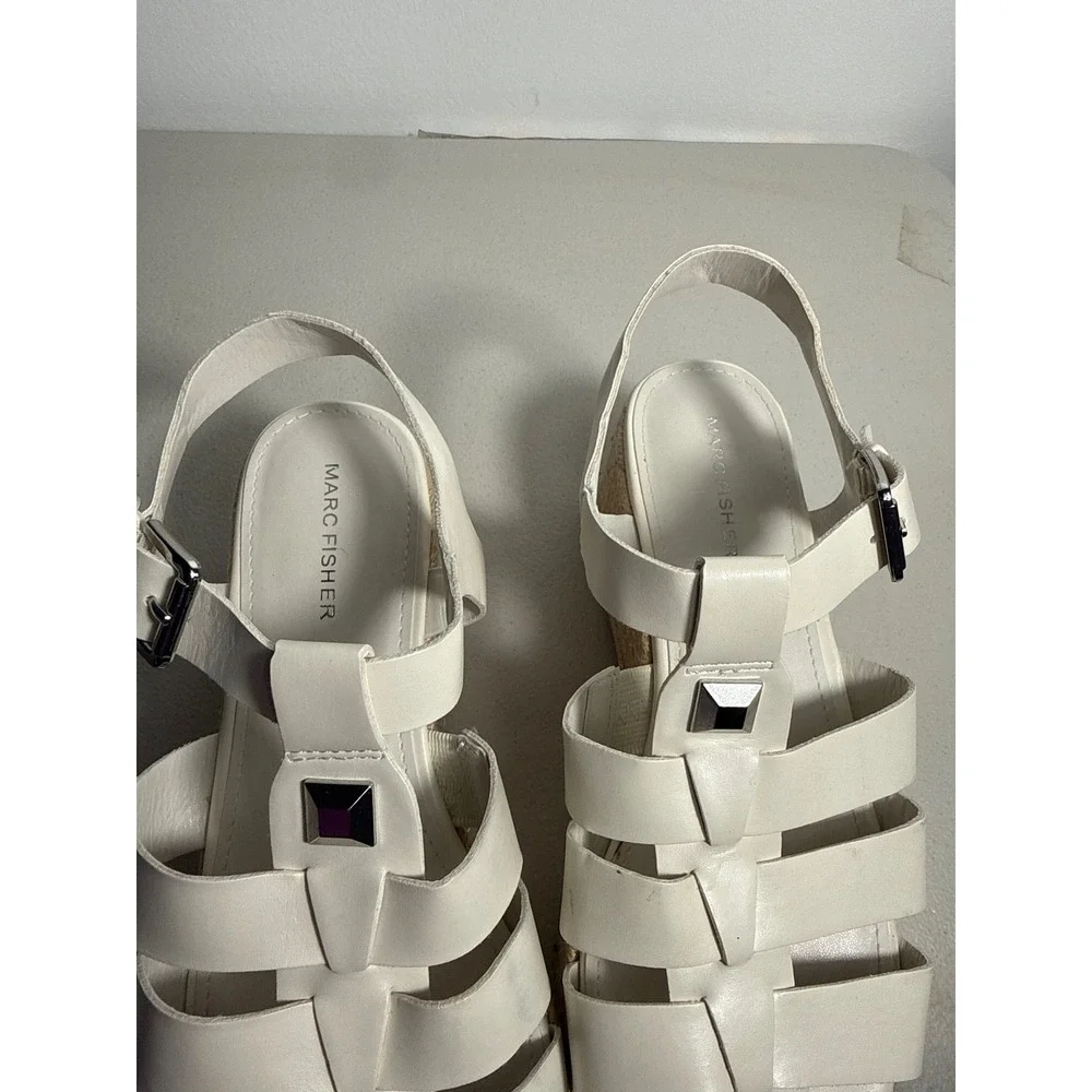 Marc Fisher Adalyn White Leather Espadrille Wedge Sandals Womens 9.5M Studded